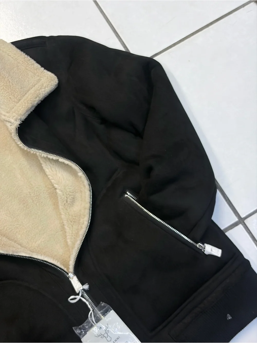Men's Black Jacket with Cream Sherpa Collar - Reversible